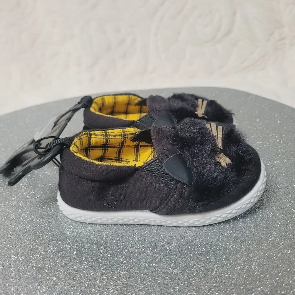 Wonder Nation Black Kitty Cat Furry Slip On Shoes Baby Girl Size 3 New